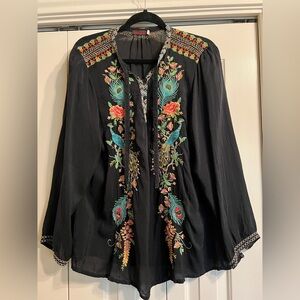 Johnny Was Embroidered Navy Blouse with Colorful Peacock Floral Design